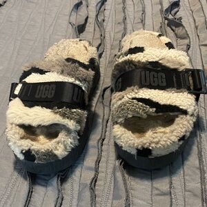 UGG Black and Cream Fuzzy Slides